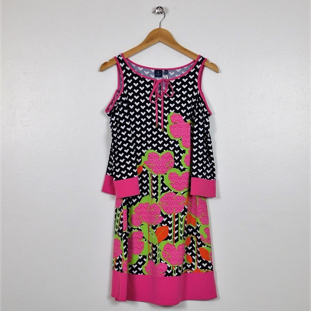 KAARI BLUE Cold Shoulder Shift Dress XS Navy Pink Stretch Knit Preppy Tropical - Picture 3 of 8